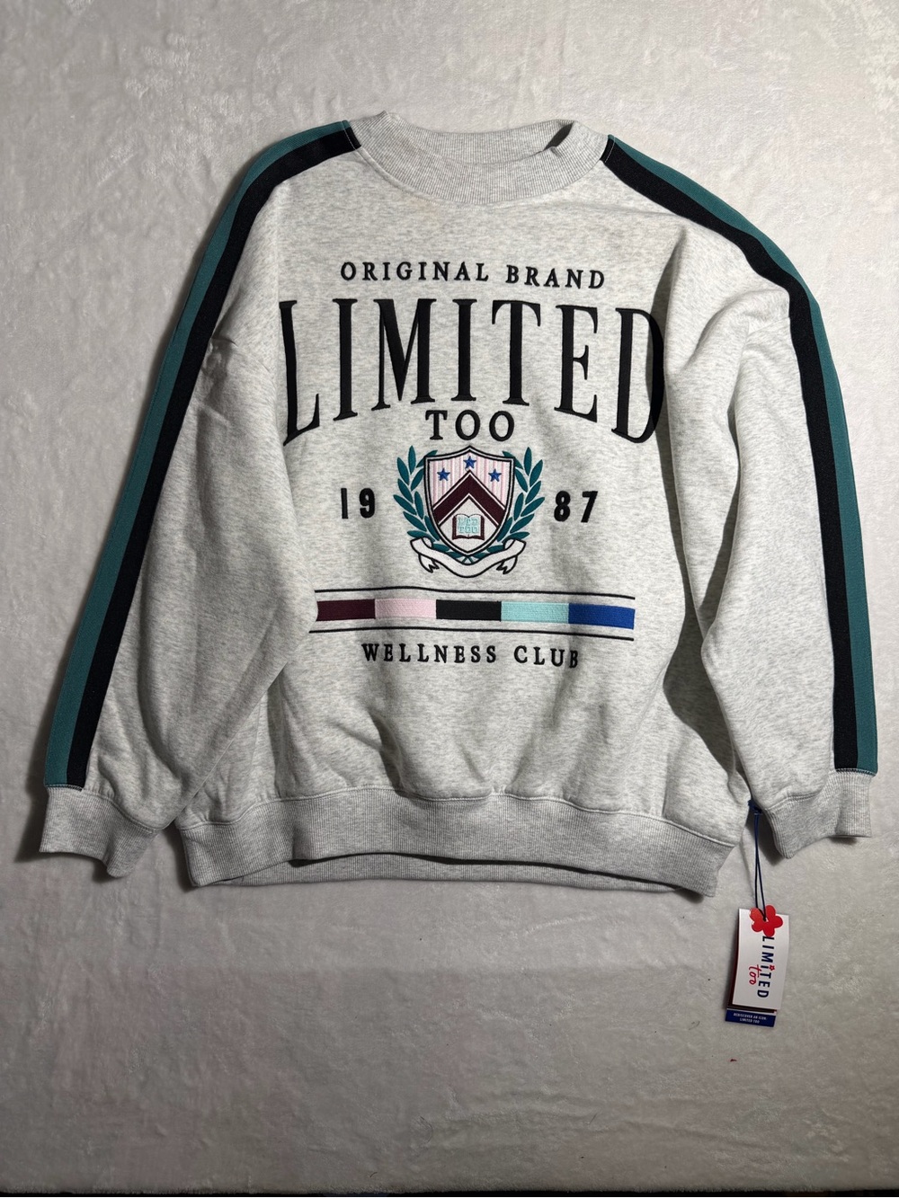 Limited Too Gray Crewneck Sweater with Teal & Black Shoulder Stripes